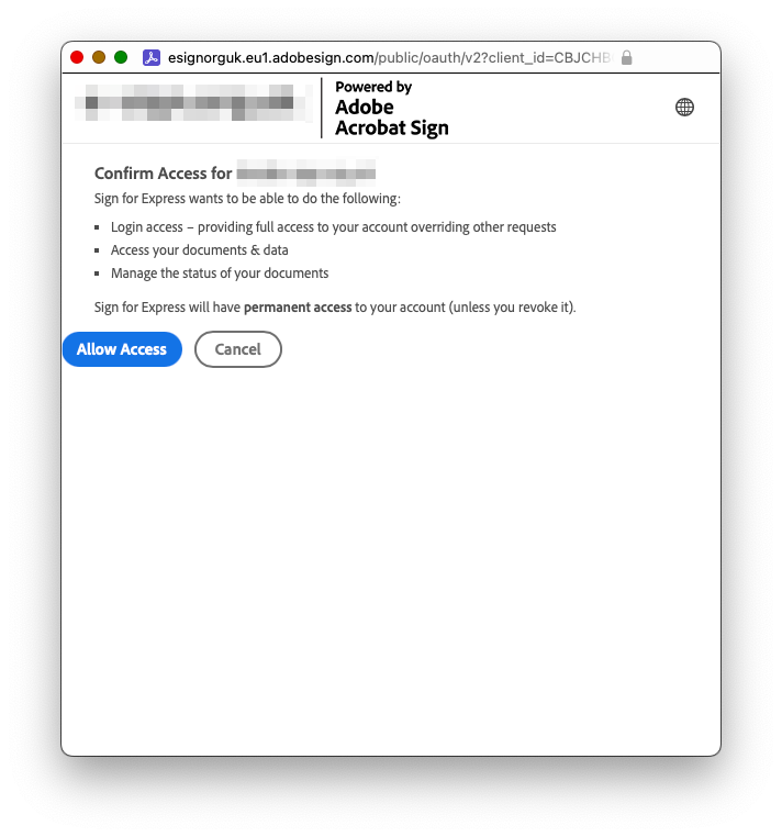 OAuth window prompting for consent